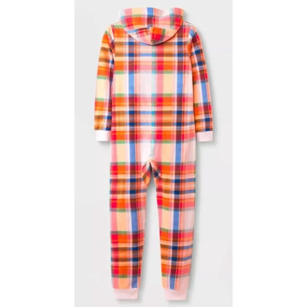 Cat & Jack Girls XL Plaid Union Suit One Piece Hooded Pajama Fleece Pink Red